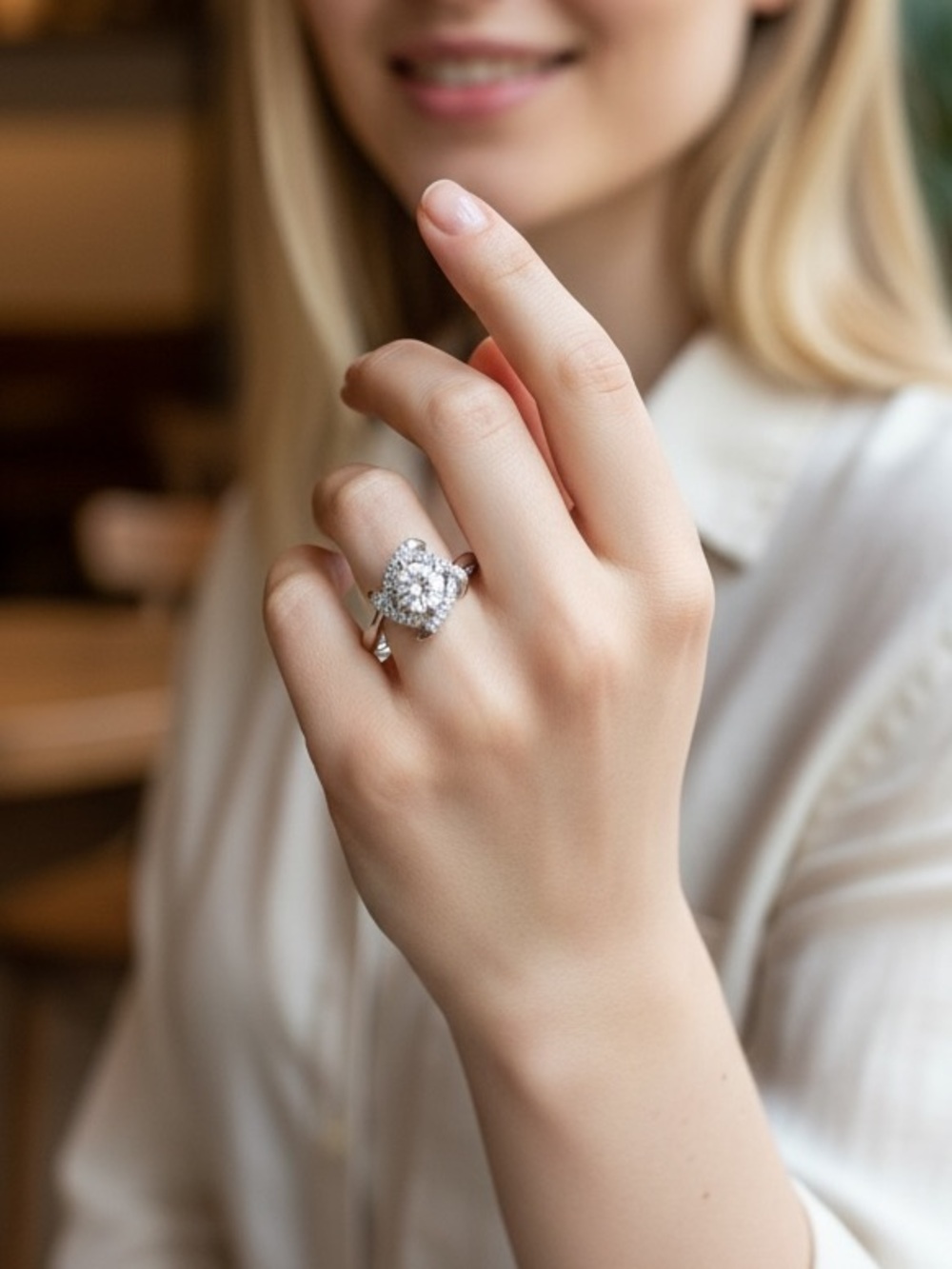 Elegant Halo Statement Ring | Adjustable Silver Tone CZ Cocktail Ring